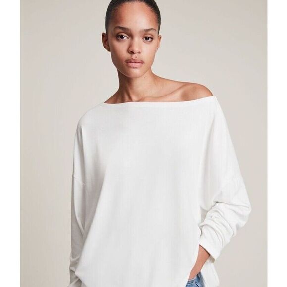 Allsaints Rita Tee Size Medium White Long Sleeve TShirt Oversized Loose fit - Picture 1 of 7